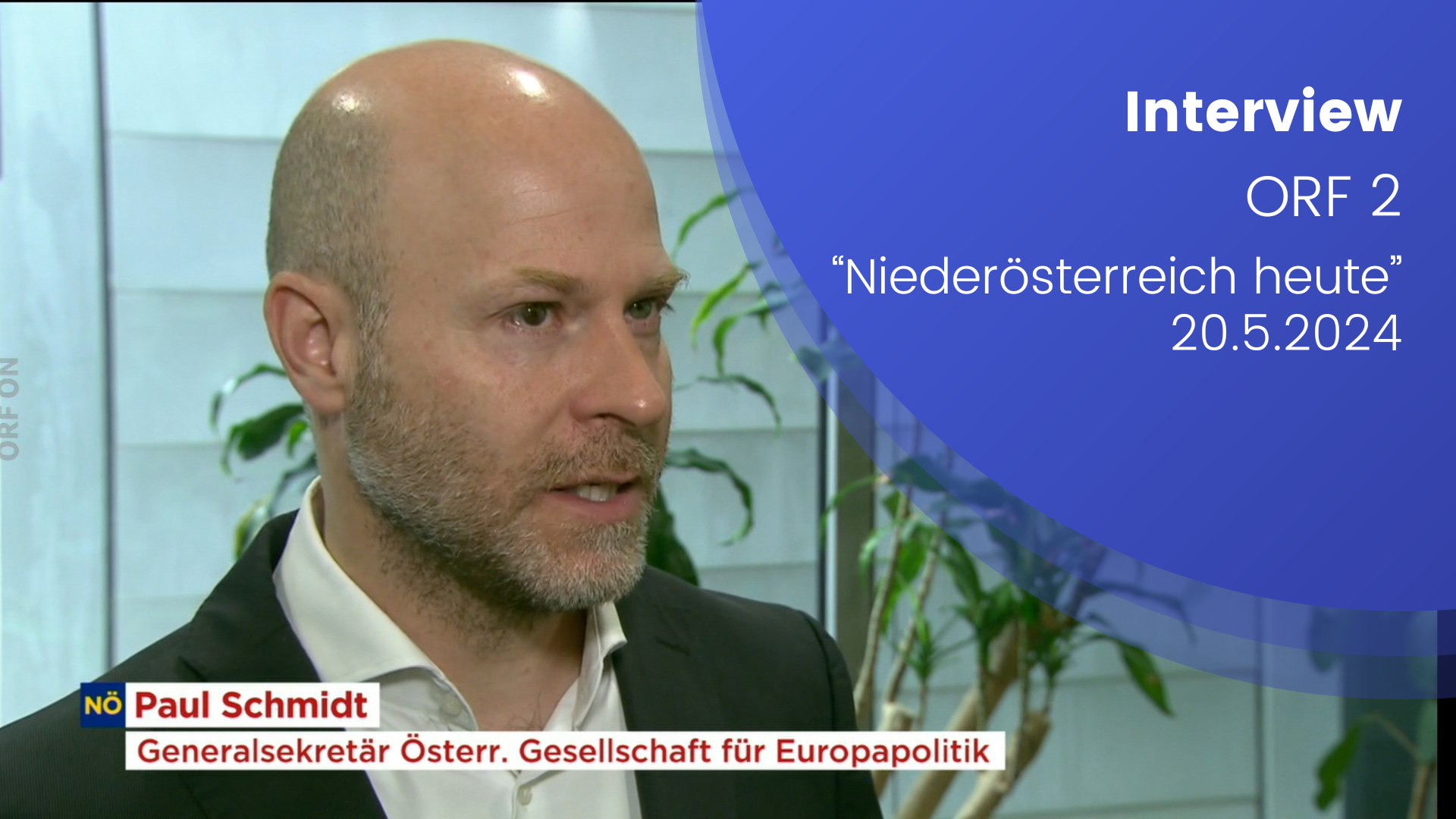 Paul Schmidt stehend im Interview mit Niederösterreich heute. Hinter ihm sind grüne Pflanzen zu erkennen. Textaufschrift: "Interview ORF 2 Niederösterreich heute 20.05.2024"