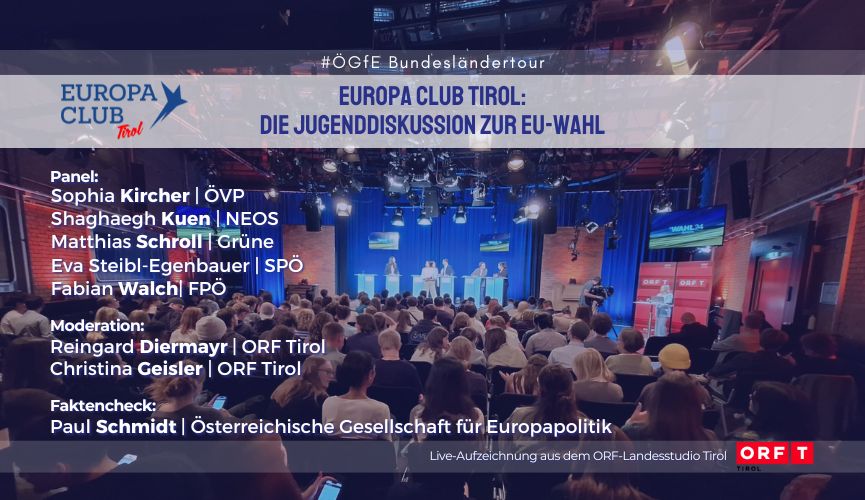 Thumbnail zum Europa Club Tirol zum Thema Die Jugenddiskussion zur EU-Wahl, im Rahmen der Ögfe-Bundesländertour 2024