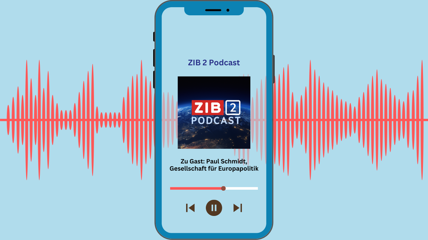 Podcast Hintergrundbild: ein Smartphone ist mittig platziert, dahiner sieht man Radiowellen. Im Smartphone stehen die Textdetails des Podcasts: ZIB 2 Podcast, Logo und Titel der Sendung.