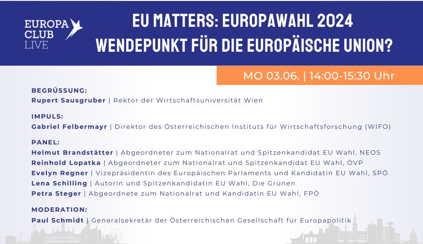 Thumbnail zum Europa Club Wien zum Thema "EU MATTERS: Europawahl 2024", in Kooperation mit der WU-Wien
