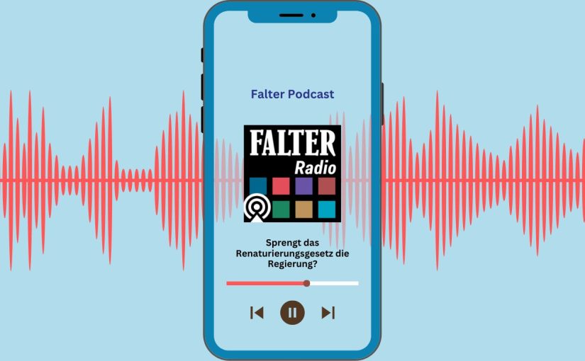 Podcast Thumbnail: Ein Smartphone ist zu sehen, auf welchem der Titel des Podcasts, mit Logo. Im Hintergrund sind Radiowellen abgebildet.