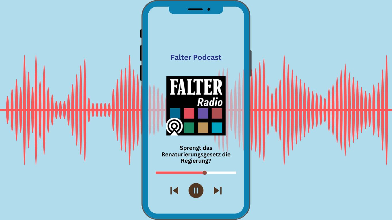 Podcast Thumbnail: Ein Smartphone ist zu sehen, auf welchem der Titel des Podcasts, mit Logo. Im Hintergrund sind Radiowellen abgebildet.