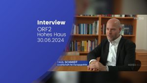 Paul Schmidt im Büro der Österreichischen Gesellschaft für Europapolitik, im Interview für die ORF-Sendung "Hohes Haus", zum Thema "Top-Jobs" für Brüssel.
