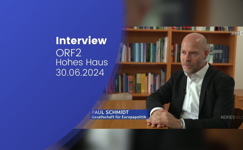 Paul Schmidt im Büro der Österreichischen Gesellschaft für Europapolitik, im Interview für die ORF-Sendung "Hohes Haus", zum Thema "Top-Jobs" für Brüssel.