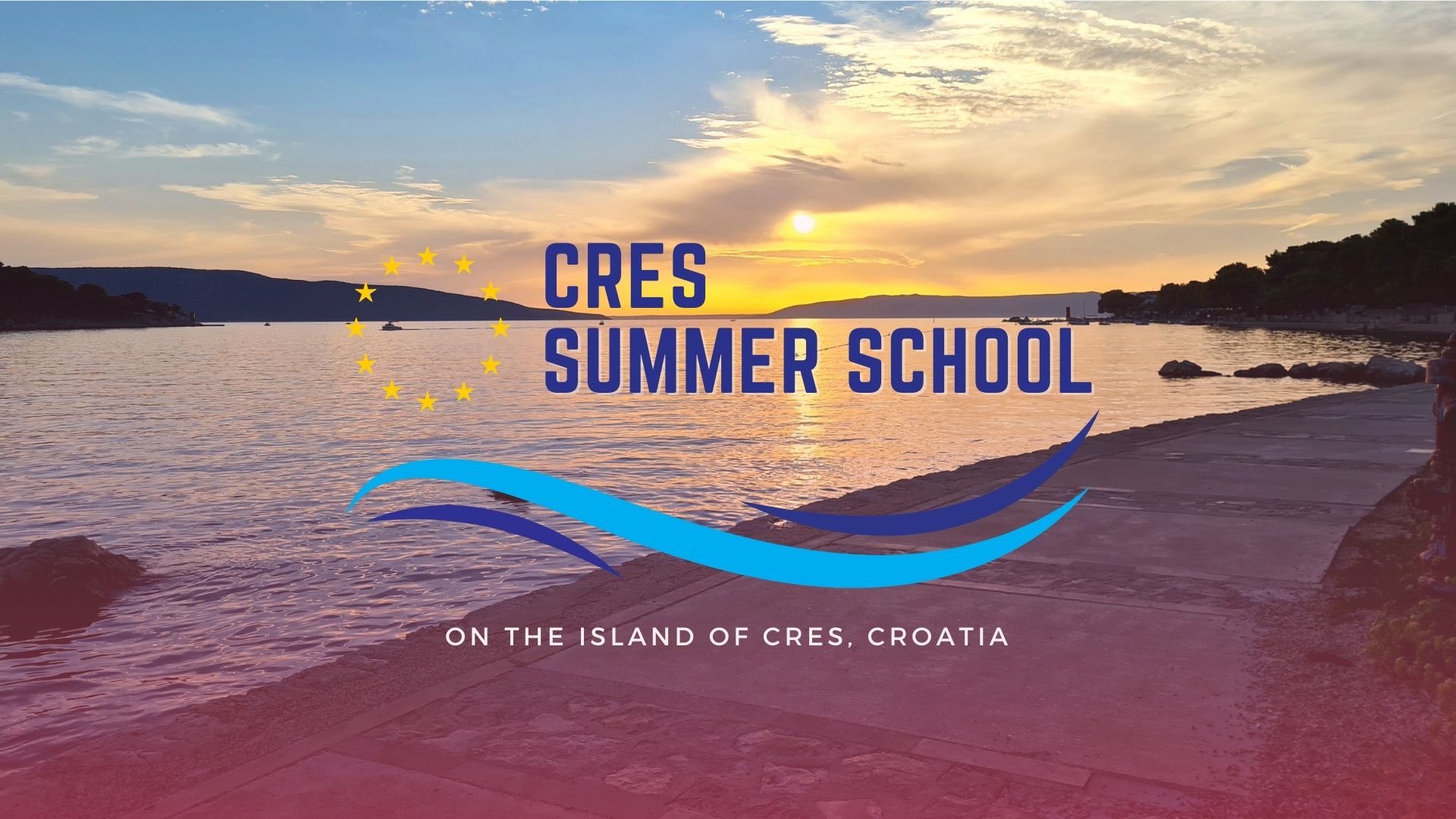 View of a sunset in a bay in Cres (Croatia), with the logo "Cres Summerschool, On the island of Cres, Croatia"